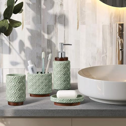 RQYIXI Ceramic 4-Piece Bathroom Accessories Set,Sage Green | Countertop Essentials Embossed Textured Design Solid Wood Non-Slip Detail Sage Green Finish - color: Green, size: Embossed Textured-4-Piece