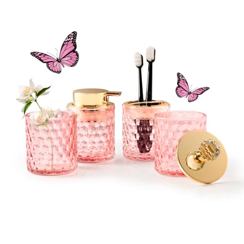 4Pcs Bathroom Accessories Set, Pink Glass Complete | Toothbrush Holder Set, Soap Dispenser, Qtip Holder, Tumbler, Perfect for Bathroom Decor and Vanity - color: Pink