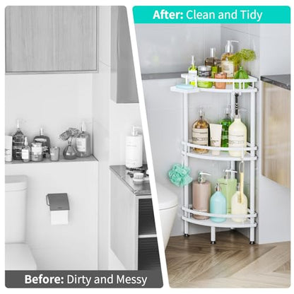 HapiRm Standing Corner Shower Caddy - 3 Tier Large Capacity, White | Shower Organizer Corner with Soap Holder and 4 Hooks, Rustproof Bathroom Storage Shelves with Adhesives - size: 3-tier