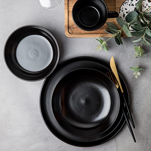 ARORA SKUGGA Round Stoneware 16pc Dinnerware Set of 4, Dinner Plates, Side Plates, Cereal Bowls, Mugs - Matte Black (472979) - color: Black-Bowl/Mug, style: Round-Service for 4(16pcs)