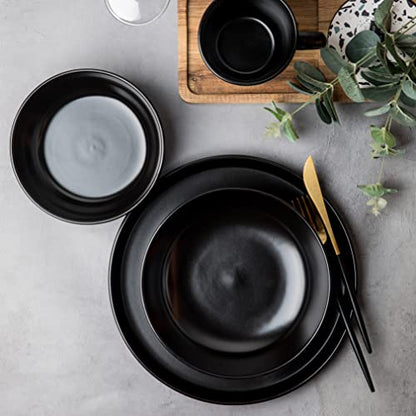ARORA SKUGGA Round Stoneware 16pc Dinnerware Set of 4, Dinner Plates, Side Plates, Cereal Bowls, Mugs - Matte Black (472979) - color: Black-Bowl/Mug, style: Round-Service for 4(16pcs)