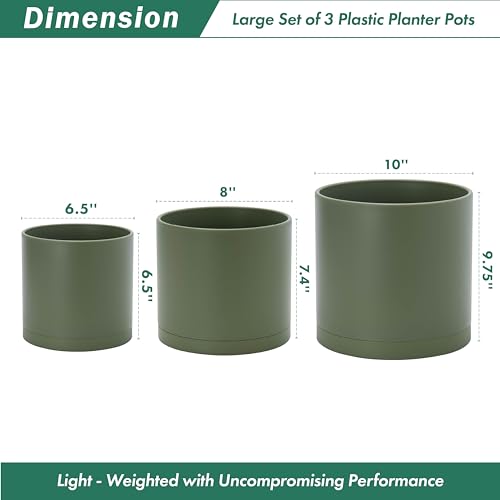D'vine Dev 3-Pack Plastic Pots & Saucers, 6.5/8/10 in, Olive, 74-V-I-4 | Multi-Size Options, Lightweight Durable, Matte Finish, Cylinder Shape, Drainage Holes, Sleek Design, Detachable Saucer - color: Olive, size: Large
