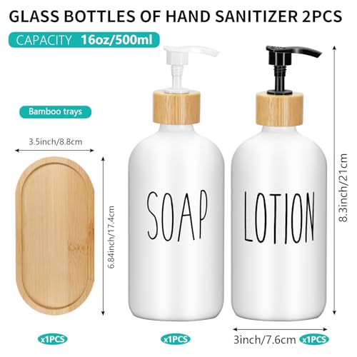 2 Pack 16 Oz Glass Soap Dispenser Set with Tray, Hand Dish Soap Dispenser Set for Bathroom and Kitchen Bottle Dispenser with Dish Soap, Hand Soap, Lotion (White（Soap） White (Lotion)) - color: White（soap）white (Lotion)