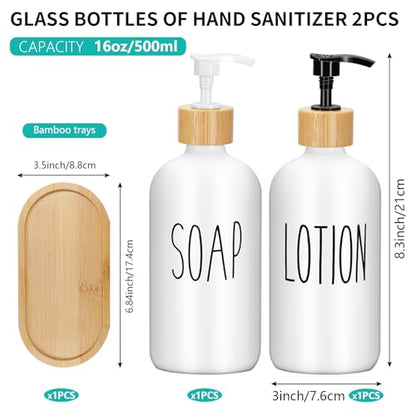 2 Pack 16 Oz Glass Soap Dispenser Set with Tray, Hand Dish Soap Dispenser Set for Bathroom and Kitchen Bottle Dispenser with Dish Soap, Hand Soap, Lotion (White（Soap） White (Lotion)) - color: White（soap）white (Lotion)