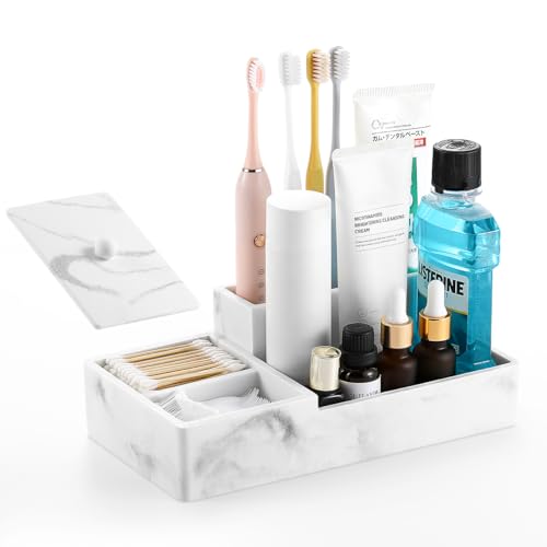 Luxspire Bathroom Counter Organizer with Lid, 6 Slots, Gravel White | Bathroom Vanity Organizer, Bathroom Organizer Countertop for Cotton Ball, Q-Tips, Floss - color: Gravel White, size: 6 slots