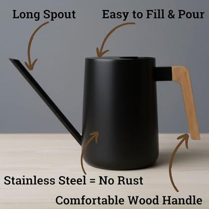 Metal Small Indoor Watering Can with Long Spout & Real Wood Handle, 35oz | Long Spout, Stainless Steel, Real Wood Handle, Gentle Flow, No Spills, Suitable for House Plants, Succulents & Seedlings - color: Black