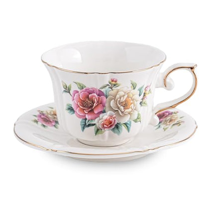 Ceramic Floral Cups with Saucers，7 oz Espresso Cups for Latte Coffee Cafe, Cappuccino and Tea (1, Camellia) - color: Camellia