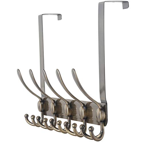 Over The Door Hook Hanger - Fits 1 3/8" to 1 3/4" Standard Doors | 5 Tri Hooks Heavy Duty Towel/Coat Rack | Door Organizer for Clothes, Jackets, Hats, Towels, Bronze - color: Bronze