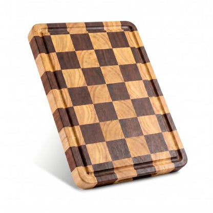 Checkered Cutting Board for Kitchen, 15"x10.4"x1.2" End Grain Cutting Board, Solid Ebony and Rubberwood Butcher Block Cutting Board with Juice Groove, Reversible Wooden Charcuterie Board