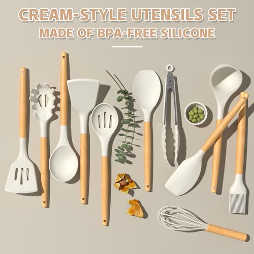 Umite Chef Kitchen Cooking Utensils Set, 33 pcs Non-stick Silicone Cooking Kitchen Utensils Spatula Set with Holder, Wooden Handle Silicone Kitchen Gadgets Utensil Set (Cream White) - color: Cream White
