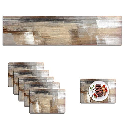 Mcalk Brown Table Runner and Placemats Set of 6 Pieces, Beige Placemats Modern Art,Abstract Art Cloth Place Mats Indoor for Kitchen,Washable Placemats Linen Material for Dining Table - color: 01brown and Grey
