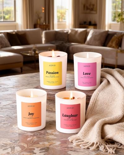 AOOVOO Energy Candles Set for Women - 4 Pack Soy Candles for Home Scented | 28 oz Soy Wax, Aromatherapy Candle with Crystal, Red Quartz Laughter /Rose Quartz Love /Citrine Joy /Red Agate Passion - style: Energy Candles Set