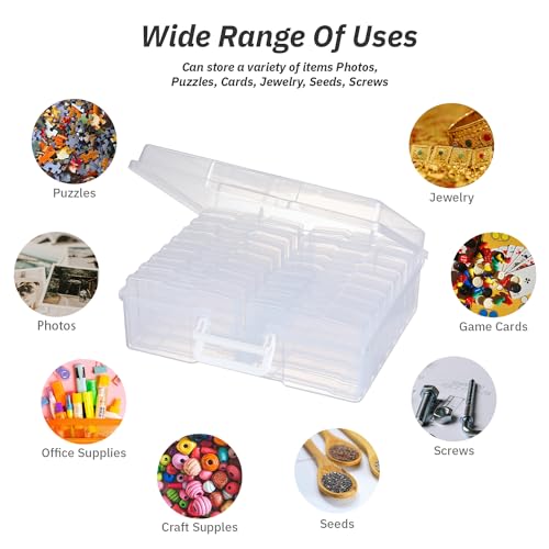 PCA Photo Storage Box 4" x 6" With Handle - 16 Inner Keeper, Large Organizer, Clear Plastic Craft Case for Stickers, Stamps, Jigsaw, Vegetable Seeds - color: white