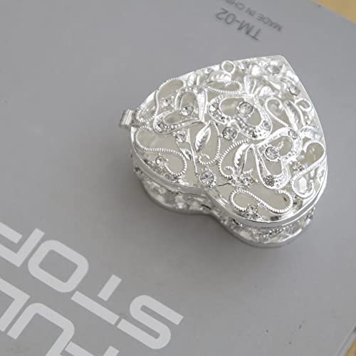 Silver Heart Jewelry Trinket Box Bejeweled Heart Box with Hollow Flower Figurines Jewelry Boxes Ring Holder - color: Silver_3