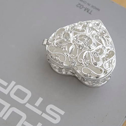 Silver Heart Jewelry Trinket Box Bejeweled Heart Box with Hollow Flower Figurines Jewelry Boxes Ring Holder - color: Silver_3