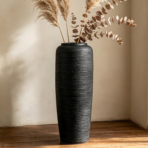 Black Rustic Ceramic Floor Vase, 19.7 Inch, Ribbed Texture | Living Room, Entryway, Fireplace, Pampas Grass, Dried Branches - size: 19.7 Inch