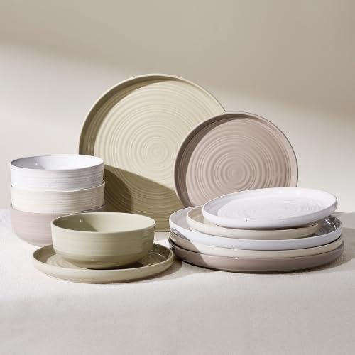 Stoneware Dinnerware Set for 4, Plates & Bowls, Multicolor | 12-Piece Ceramic Speckled Spiral Dishes, Chip & Scratch Resistant, Microwave & Dishwasher Safe, Everyday Use, Farmhouse Style - color: Multicolor, size: Service for 4 (12pc)