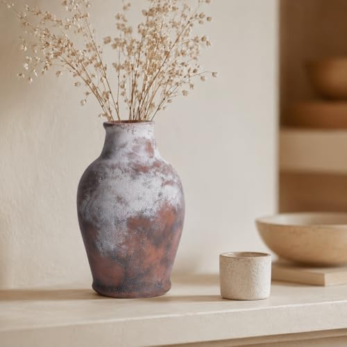 Handmade Rustic-Style Ceramic Decorative vase, Dimensions 8.3 x 5.5 inches, Featuring Distressed Gray and Terracotta hues, Suitable for Rustic, Country, and Various Decor Styles.
