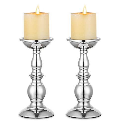 Nuptio Silver Pillar Candle Holders, Wedding Centerpieces Metal Candle Holder for 3 inches Candles Stand Decoration Ideal for Weddings Special Events Parties Living Room, 2 Pcs | (2 x L) Metal Candle Stand Decoration Ideal for Weddings Special Events Part