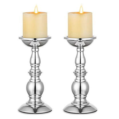 Nuptio Silver Pillar Candle Holders, Wedding Centerpieces Metal Candle Holder for 3 inches Candles Stand Decoration Ideal for Weddings Special Events Parties Living Room, 2 Pcs | (2 x L) Metal Candle Stand Decoration Ideal for Weddings Special Events Part