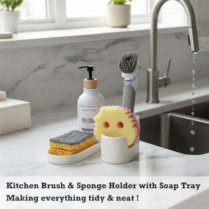 3 in 1 Ceramic Sponge&Brush Holder and Soap Tray Set, Leak-Proof Design to Keep Countertops Dry, Flexible Modular Placement, Modern Minimal Sink Organizer for Kitchen & Bathroom Countertop, White - size: L-Shape-Set