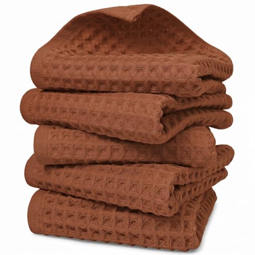 Jacquotha Waffle Hand Towels for Bathroom 5-Piece (Rust) - Cotton Quick Dry | Fall Kitchen Towels for Autumn Decor, 13” x 29” - color: Rust