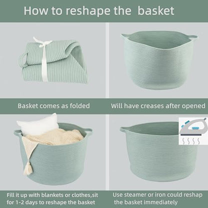 XUANGUO Extra Large Cotton Rope Round Storage Basket 22" x 14" Light Green | Woven basket for blankets, toys, towels, laundry, nursery, living room and pet toy storage. - color: light green