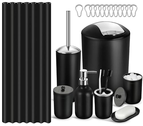 Bathroom Set, 20Pcs Bathroom Shower Curtain Sets with Hooks, Black Bathroom Accessories Set with Trash Can, Bathroom Accessories Sets Complete with Shower Curtain Set, Bathroom Accessory Set - color: Black+silver, size: 7Pcs Bathroom Set + Shower Curtain