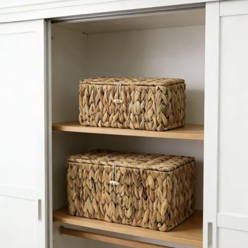 Wicker Storage Baskets Set with Lids - Rattan Organizing Basket Natural Rectangular Shelf Bins for Bedroom, Bathroom, Living Room Clutter - Large & Small Sizes Included