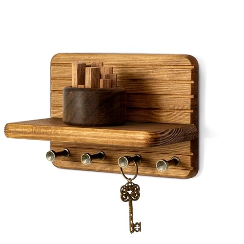 Rebee Vision Small Key Holder Wall Mount with 4 Hooks for Entryway, Yellow | Pine Wood, Round Corner, Key Holder for Wall, Mini Floating Shelf, Plant Display, Space-Saving, Tidy Home Accent - color: Yellow, size: Small-7inch