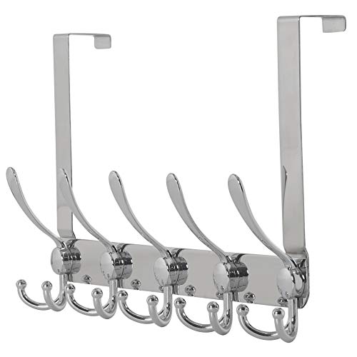 Over The Door Hook Hanger - Fits 1 3/8" to 1 3/4" Standard Doors | 5 Tri Hooks Heavy Duty Towel/Coat Rack | Door Organizer for Clothes, Jackets, Hats, Towels, Chromed - color: Chromed