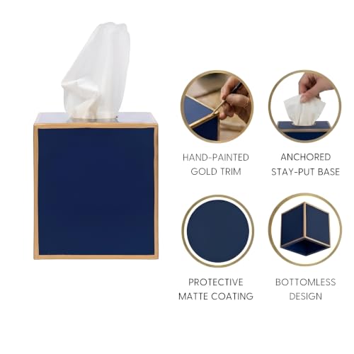Jaye's Studio Tissue Box Cover Square, Indigo Blue Metal Gold Cube Holder | Matte Hand-Painted Finish, Fits Standard Facial Boxes, Polished Trim, Open Bottom, Study Library Use - color: Indigo Blue