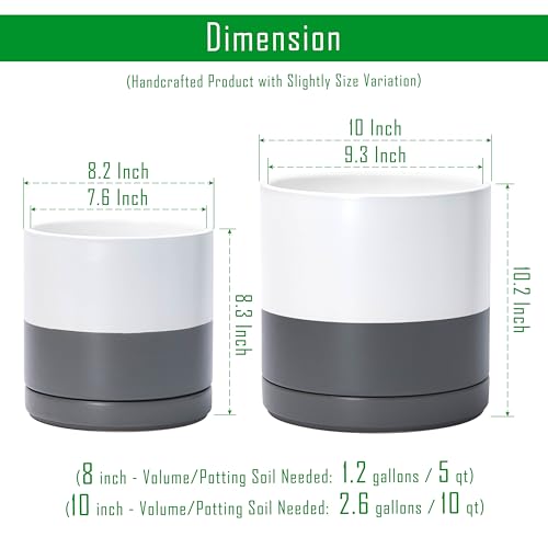 D'vine Dev 2-Pack Ceramic Pots with Saucers, 8/10 in, White/Grey, 94-G-L-6 | Glazed Ceramic, Drainage Hole, Perfect-Fit Saucer, Sleek Cylinder Shape, High Temperature Fired, Elegant Home Accent - color: White/Speckled Grey, size: Large