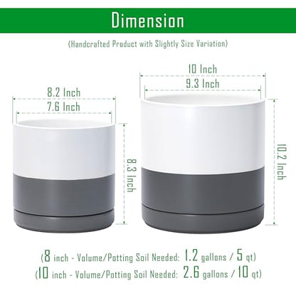D'vine Dev 2-Pack Ceramic Pots with Saucers, 8/10 in, White/Grey, 94-G-L-6 | Glazed Ceramic, Drainage Hole, Perfect-Fit Saucer, Sleek Cylinder Shape, High Temperature Fired, Elegant Home Accent - color: White/Speckled Grey, size: Large