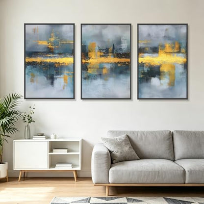 Blue and Gold Abstract Wall Art Set of 3, Modern Framed Canvas Wall Art 16x24 Inch, Luxury Abstract Landscape Wall Painting for Living Room Bedroom Office, Metal Frame Ready to Hang - color: Metallic Waterscapes, size: 24"L X 16"W