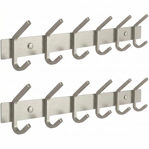 Coat Rack Wall Mount – Brushed Nickel 17 Inch Stainless Steel Hook Rail with 6 Heavy Duty Double Coat Hooks – Wall Mounted Coat Hanger for Entryway, Bathroom, Bedroom, Towel, Hat Organizer - 2 Pack - color: Silver, size: 6 Hooks - 2 Pack