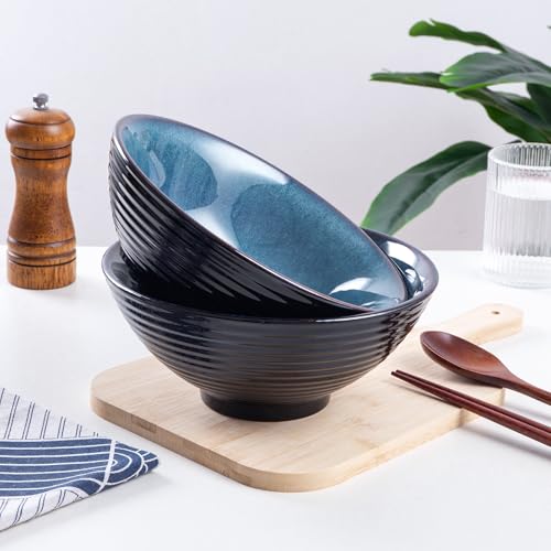 Ceramic Japanese Ramen Bowl Set, 2 Sets Asian Pho Udon Soup Noodle Bowls with Spoons and Chopsticks (Starry Blue, 8 inches) - color: Starry Blue