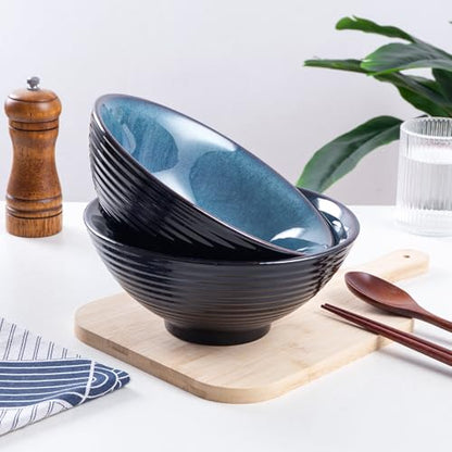 Ceramic Japanese Ramen Bowl Set, 2 Sets Asian Pho Udon Soup Noodle Bowls with Spoons and Chopsticks (Starry Blue, 8 inches) - color: Starry Blue
