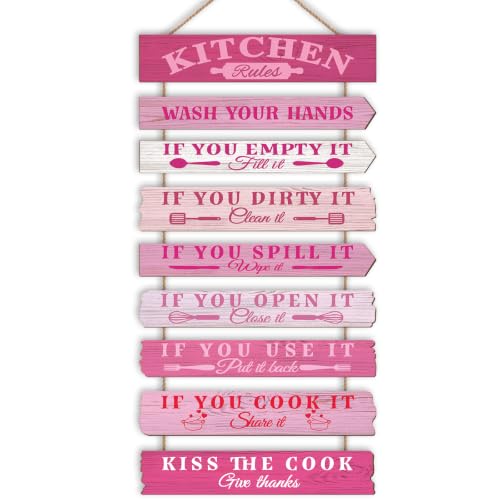 Kitchen Wall Decor Funny Kitchen Signs Kitchen Rules Pictures Wall Art Decor Rustic Farmhouse Western Kitchen Decor Wooden Sign (Pink) - color: Pink