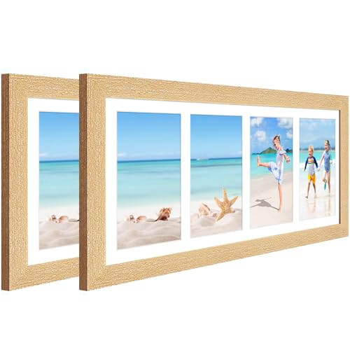 7x17 Collage Frame with 4 Openings 4X6 Pictures, Multiple Picture Frame with Mat, Wall or Tabletop Decor, Natural Wood Grain,2 Pack - color: Natural, size: 7x17-(4 open4x6)-2P