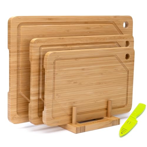 Bamboo Cutting Board Set of 3, Cutting Boards For Kitchen with Juice Groove, Bamboo Chopping Board Set, Serving Board Set for Meat, Vegetable and Cheese - color: Bamboo Set of 3 with Hole