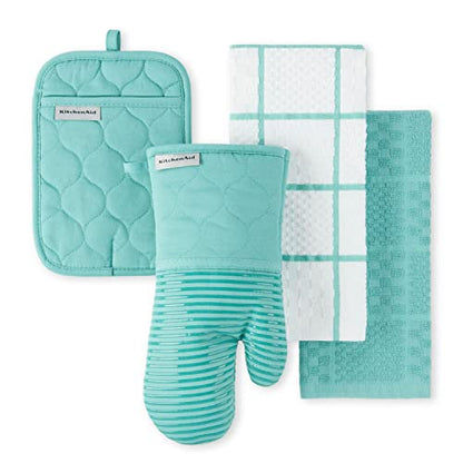 KITCHENAID Quilted Cotton Terry Cloth Oven Mitt, Pot Holder, Kitchen Towel 4-Pack Set, Heat Resistant, Silicone Grip, 16"x26", 7"x13" & 7"x10", Aqua Sky - color: Aqua Sky