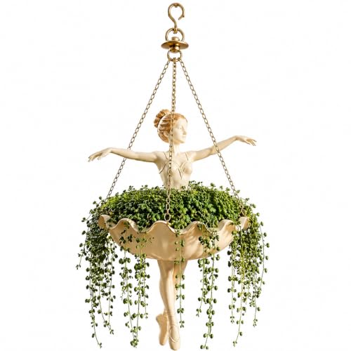 Ballet Dancer Hanging Planter, Resin Ballerina Flower Pot with Metal Chains, Small Hanging Basket for Succulents Ivy Spider Plants, Dance Teacher Appreciation Gift，Ballerina Dancer - color: White