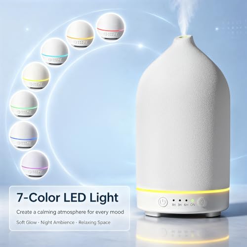 200ML Ceramic Essential Oil Diffuser for Home, Stone Diffuser | Ultrasonic Aromatherapy Diffuser & Air Humidifier for Bedroom, Office, Yoga, 7 LED Lights, Auto Shut-Off, 3 Timers, White - color: White