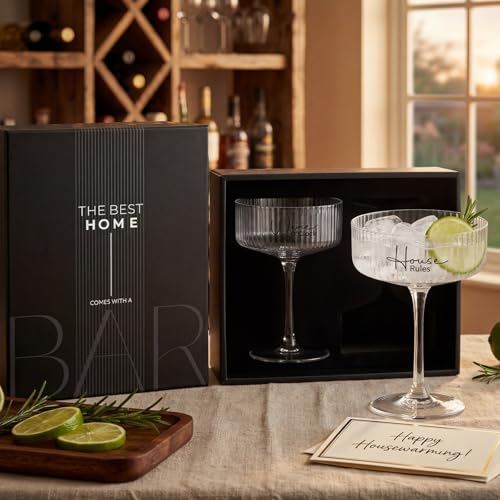 AW BRIDAL 8.5oz Ribbed Coupe Glasses Set of 2, Martini Champagne Glass | Housewarming Gifts for New Home, Wedding Gifts for Couples 2026, Martini Cocktail Glass, Couple Gift for Bridal Shower - style: House Rules & Wine O'Clock