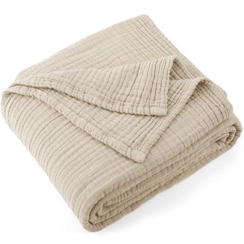 Carriediosa 100% Cotton Muslin Throw Blanket 66 x 90 Summer Gauze for Adult | 4-Layers Twin XL Throws for Bed Sofa Couch, Soft Lightweight Breathable Linen Blankets Bedspread All Season, Khaki - color: Khaki, size: Twin XL
