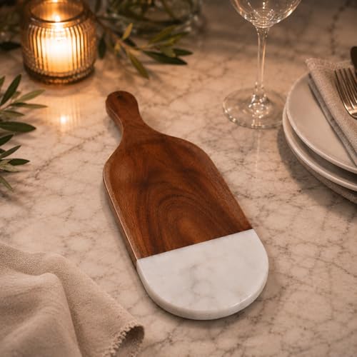 Marble & Acacia Wood Serving Tray, 12x5.5 Inch