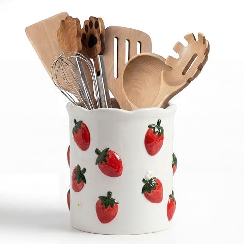 LemonRoad Strawberry Utensil Holder for Kitchen Counter,Ceramic Cooking Utensil Crock Modern Farmhouse Countertop Organizer for Spatula Ladle Kitchen Counter Decor - style: Strawberry