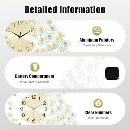 Large Peacock Wall Clock, 27.5" Luxury 3D Wall Clock Non-Ticking Silent Gold Metal Decorative Wall Clock Art Digital Wall Decor for Living Room Bedroom Office - size: 25.59*27.56in