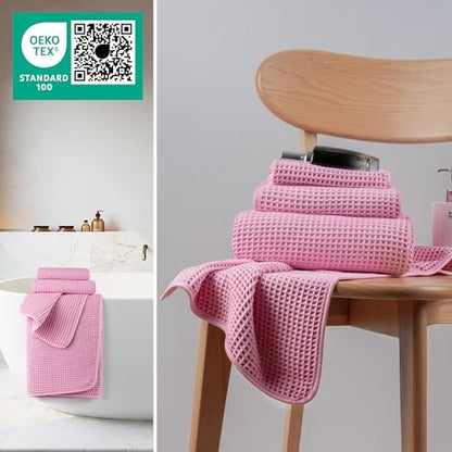 MICROFI Microfiber Waffle Bath Towels, 3 Pieces, Oversized, Soft, Absorbent, Fast Drying, Lint Free, Includes Bath, Face and Hand Towels 430 GSM - color: Pink